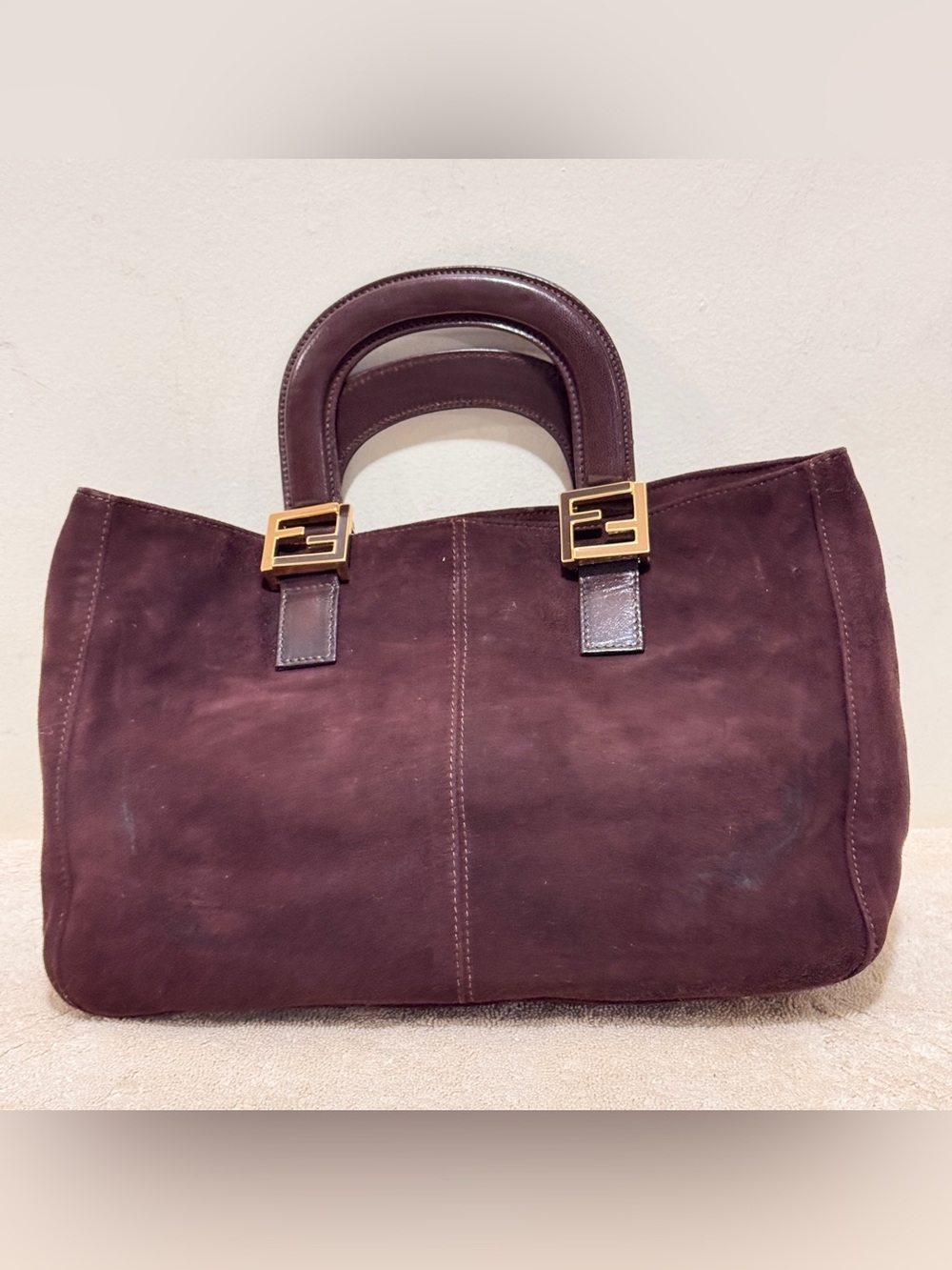 Vintage Fendi Brown Suede Leather Top Handle Tote Bag Gold FF Hardware Italy - Picture 2 of 15